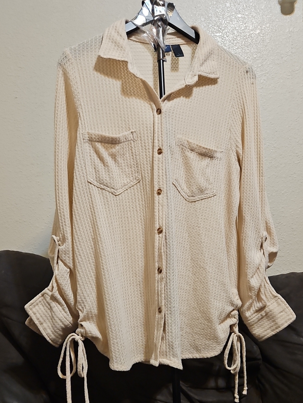Daytrip Cream Waffle-Knit Button Front SHACKET